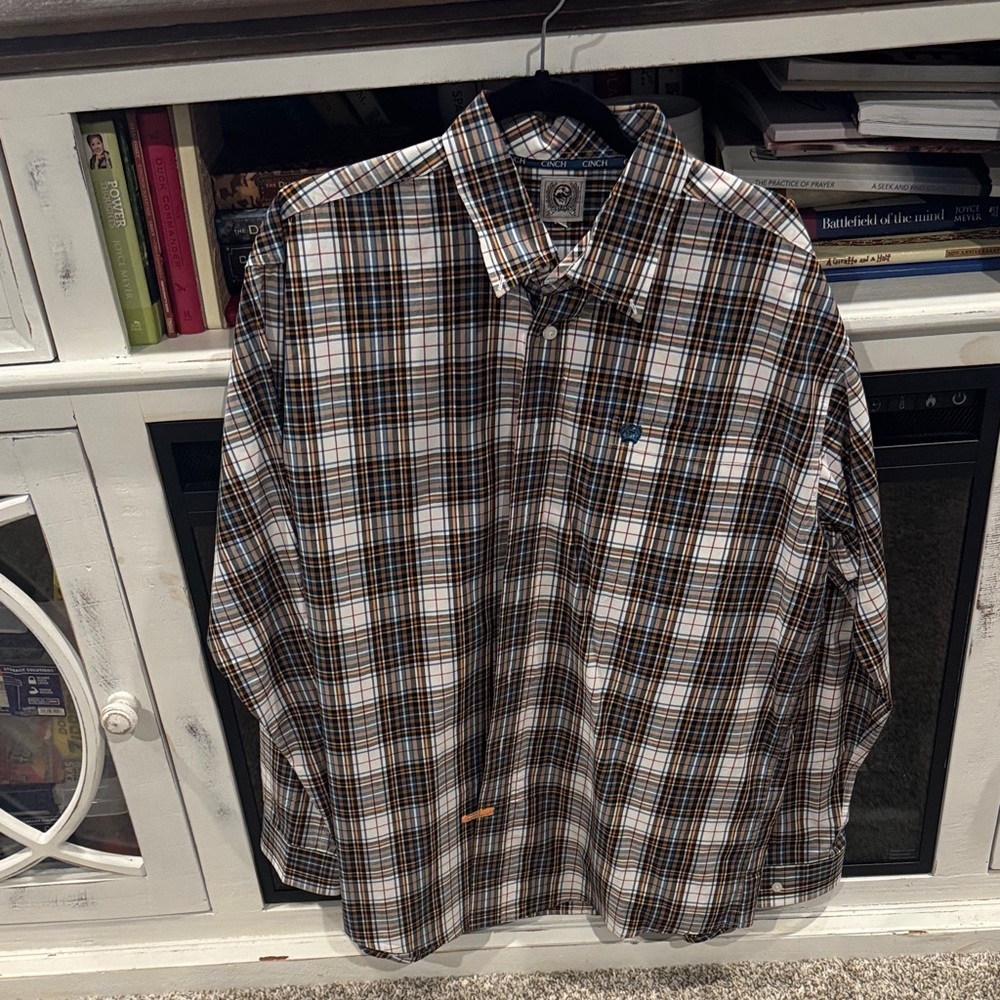 Cinch Men's Plaid Long Sleeve ButtonShirt - Brown, Black, Orange, Blue and White